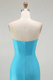 Brilhante Azul Sereia Plissado Longo Vestido De Baile Com Fenda