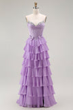 Roxo Linha-A Espartilho Babados Longos Vestido De Baile com Renda
