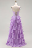 Roxo Linha-A Espartilho Babados Longos Vestido De Baile com Renda