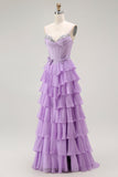 Roxo Linha-A Espartilho Babados Longos Vestido De Baile com Renda