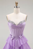 Roxo Linha-A Espartilho Babados Longos Vestido De Baile com Renda