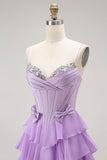 Roxo Linha-A Espartilho Babados Longos Vestido De Baile com Renda