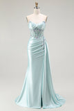 Brilhante Verde Claro Espartilho Sereia Longo Vestido Baile De Formatura Com Flâmula