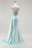 Brilhante Verde Claro Espartilho Sereia Longo Vestido Baile De Formatura Com Flâmula