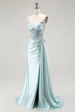 Brilhante Verde Claro Espartilho Sereia Longo Vestido Baile De Formatura Com Flâmula
