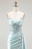Brilhante Verde Claro Espartilho Sereia Longo Vestido Baile De Formatura Com Flâmula