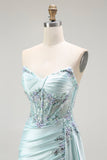 Brilhante Verde Claro Espartilho Sereia Longo Vestido Baile De Formatura Com Flâmula