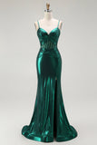 Sereia Verde Escuro Metálico Espartilho Longos Vestido Baile de Formatura com Fenda