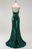Sereia Verde Escuro Metálico Espartilho Longos Vestido Baile de Formatura com Fenda
