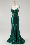 Sereia Verde Escuro Metálico Espartilho Longos Vestido Baile de Formatura com Fenda
