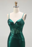 Sereia Verde Escuro Metálico Espartilho Longos Vestido Baile de Formatura com Fenda