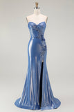 Azul Sereia Espartilho Miçangas Flores Longos Vestido De Baile Com Fenda