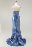 Azul Sereia Espartilho Miçangas Flores Longos Vestido De Baile Com Fenda