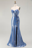 Azul Sereia Espartilho Miçangas Flores Longos Vestido De Baile Com Fenda