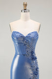 Azul Sereia Espartilho Miçangas Flores Longos Vestido De Baile Com Fenda