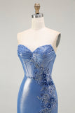 Azul Sereia Espartilho Miçangas Flores Longos Vestido De Baile Com Fenda