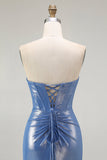 Azul Sereia Espartilho Miçangas Flores Longos Vestido De Baile Com Fenda