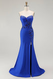 Azul Real Sereia Sem Alças Flores Longo Vestido De Baile Com Fenda