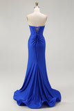 Azul Real Sereia Sem Alças Flores Longo Vestido De Baile Com Fenda