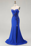 Azul Real Sereia Sem Alças Flores Longo Vestido De Baile Com Fenda