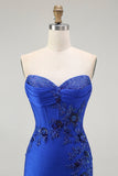 Azul Real Sereia Sem Alças Flores Longo Vestido De Baile Com Fenda