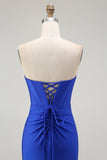 Azul Real Sereia Sem Alças Flores Longo Vestido De Baile Com Fenda