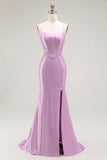 Roxo Sereia Espaguete Alças Finas Longos Vestido De Baile Com Fenda