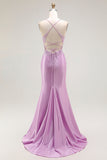 Roxo Sereia Espaguete Alças Finas Longos Vestido De Baile Com Fenda