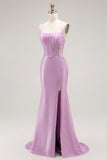 Roxo Sereia Espaguete Alças Finas Longos Vestido De Baile Com Fenda