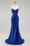 Azul Real Sereia Cetim Espartilho Longos Vestido de Baile com Fenda