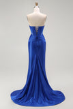 Azul Real Sereia Cetim Espartilho Longos Vestido de Baile com Fenda