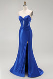Azul Real Sereia Cetim Espartilho Longos Vestido de Baile com Fenda