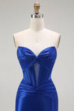 Azul Real Sereia Cetim Espartilho Longos Vestido de Baile com Fenda
