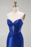 Azul Real Sereia Cetim Espartilho Longos Vestido de Baile com Fenda