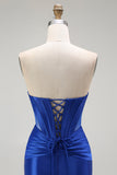 Azul Real Sereia Cetim Espartilho Longos Vestido de Baile com Fenda