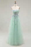 Verde Linha-A Direto Tulle Espartilho Longos Vestido De Festa
