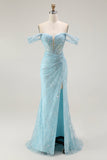Vestido de Baile Longo Azul Brilhante com Ombro a Ombro e Lantejoulas