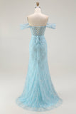 Vestido de Baile Longo Azul Brilhante com Ombro a Ombro e Lantejoulas