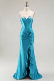 Azul Sereia Espartilho Direto Longos Vestido De Baile Com Fenda