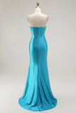 Azul Sereia Espartilho Direto Longos Vestido De Baile Com Fenda
