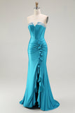 Azul Sereia Espartilho Direto Longos Vestido De Baile Com Fenda