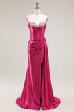 Brilhante Fuchsia Sereia Espartilho Longo Vestido de Baile com Fenda