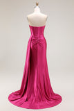 Brilhante Fuchsia Sereia Espartilho Longo Vestido de Baile com Fenda
