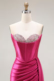 Brilhante Fuchsia Sereia Espartilho Longo Vestido de Baile com Fenda