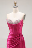 Brilhante Fuchsia Sereia Espartilho Longo Vestido de Baile com Fenda