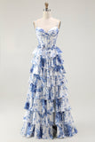 Branco Azul Espartilho Floral Uma Linha Tiered Prom Dress