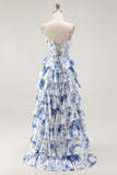 Branco Azul Espartilho Floral Uma Linha Tiered Prom Dress