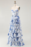 Branco Azul Espartilho Floral Uma Linha Tiered Prom Dress