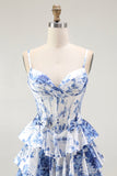 Branco Azul Espartilho Floral Uma Linha Tiered Prom Dress
