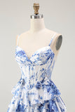Branco Azul Espartilho Floral Uma Linha Tiered Prom Dress